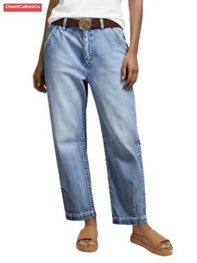 Mid Rise Barrel Jeans Straight Leg Cotton Blend Women's Denim